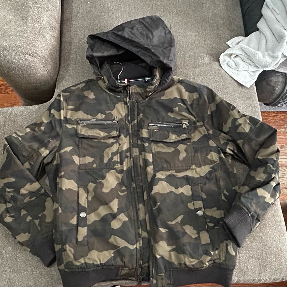Tommy Hilfiger Black and Brown Camouflage Bomber Jacket